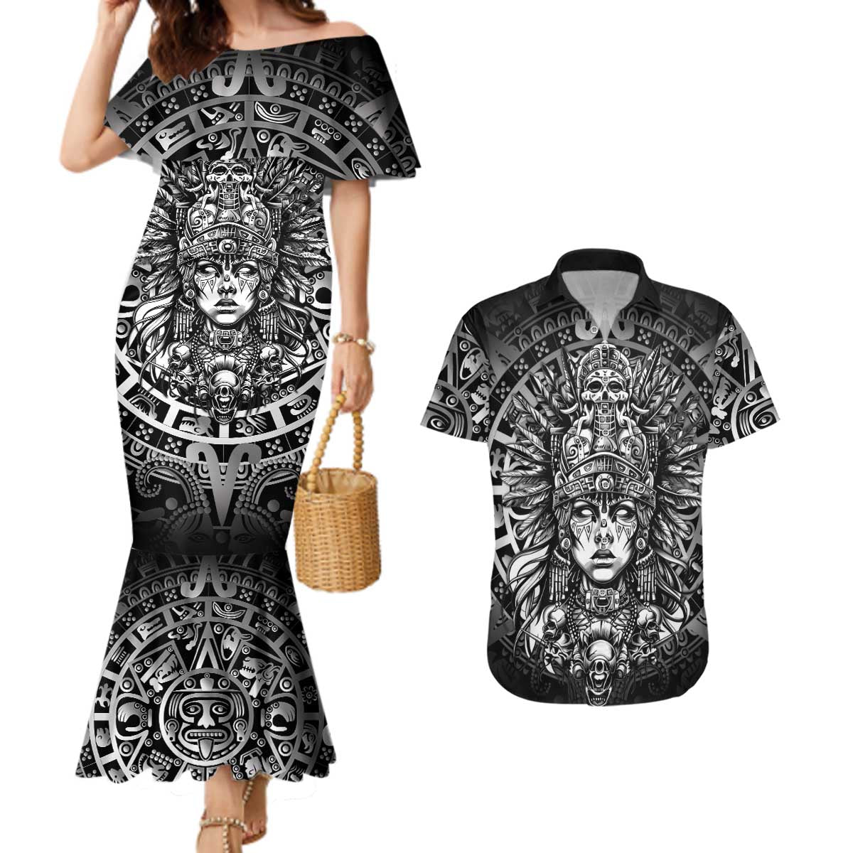 Mexico Aztec Warrior Goddess Couples Matching Mermaid Dress and Hawaiian Shirt Aztec Skull Tribal Calender Silver Spirit - Wonder Print Shop
