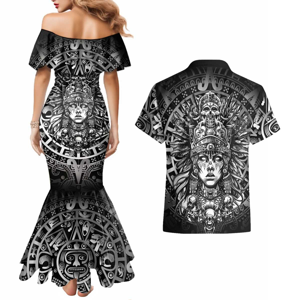 Mexico Aztec Warrior Goddess Couples Matching Mermaid Dress and Hawaiian Shirt Aztec Skull Tribal Calender Silver Spirit - Wonder Print Shop