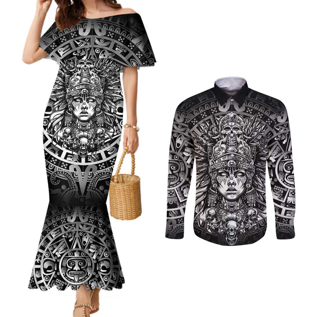 Mexico Aztec Warrior Goddess Couples Matching Mermaid Dress and Long Sleeve Button Shirt Aztec Skull Tribal Calender Silver Spirit - Wonder Print Shop