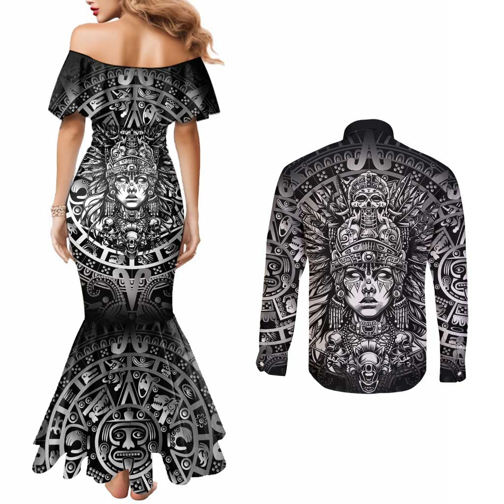 Mexico Aztec Warrior Goddess Couples Matching Mermaid Dress and Long Sleeve Button Shirt Aztec Skull Tribal Calender Silver Spirit - Wonder Print Shop