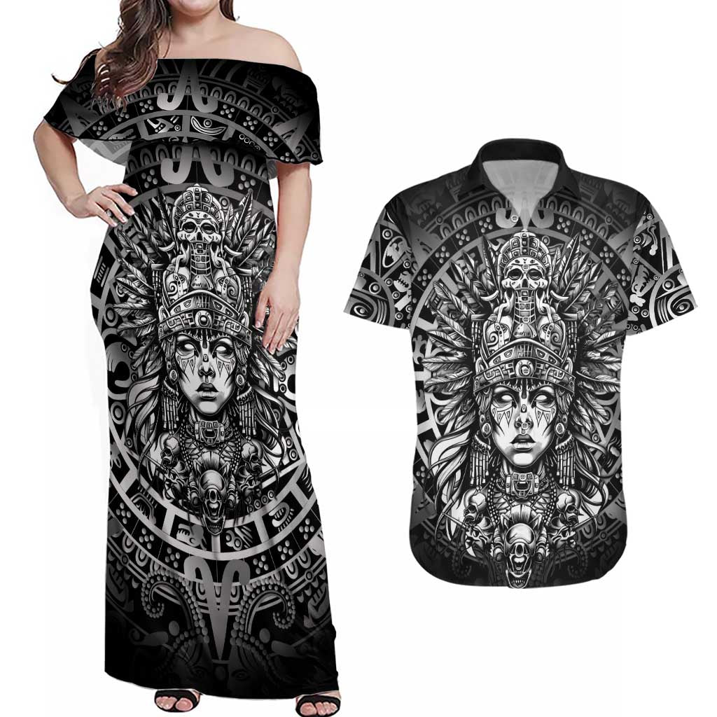 Mexico Aztec Warrior Goddess Couples Matching Off Shoulder Maxi Dress and Hawaiian Shirt Aztec Skull Tribal Calender Silver Spirit - Wonder Print Shop