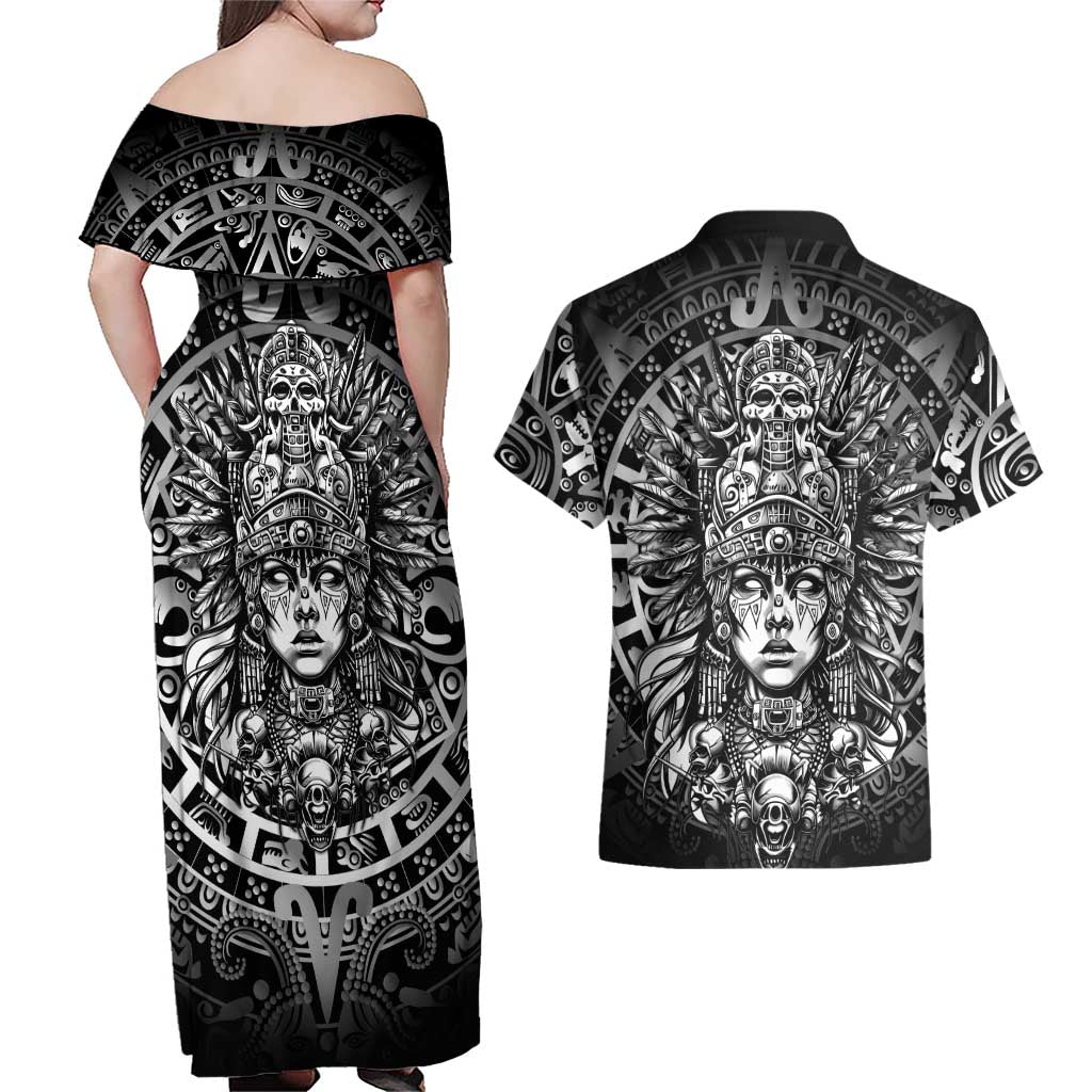 Mexico Aztec Warrior Goddess Couples Matching Off Shoulder Maxi Dress and Hawaiian Shirt Aztec Skull Tribal Calender Silver Spirit - Wonder Print Shop