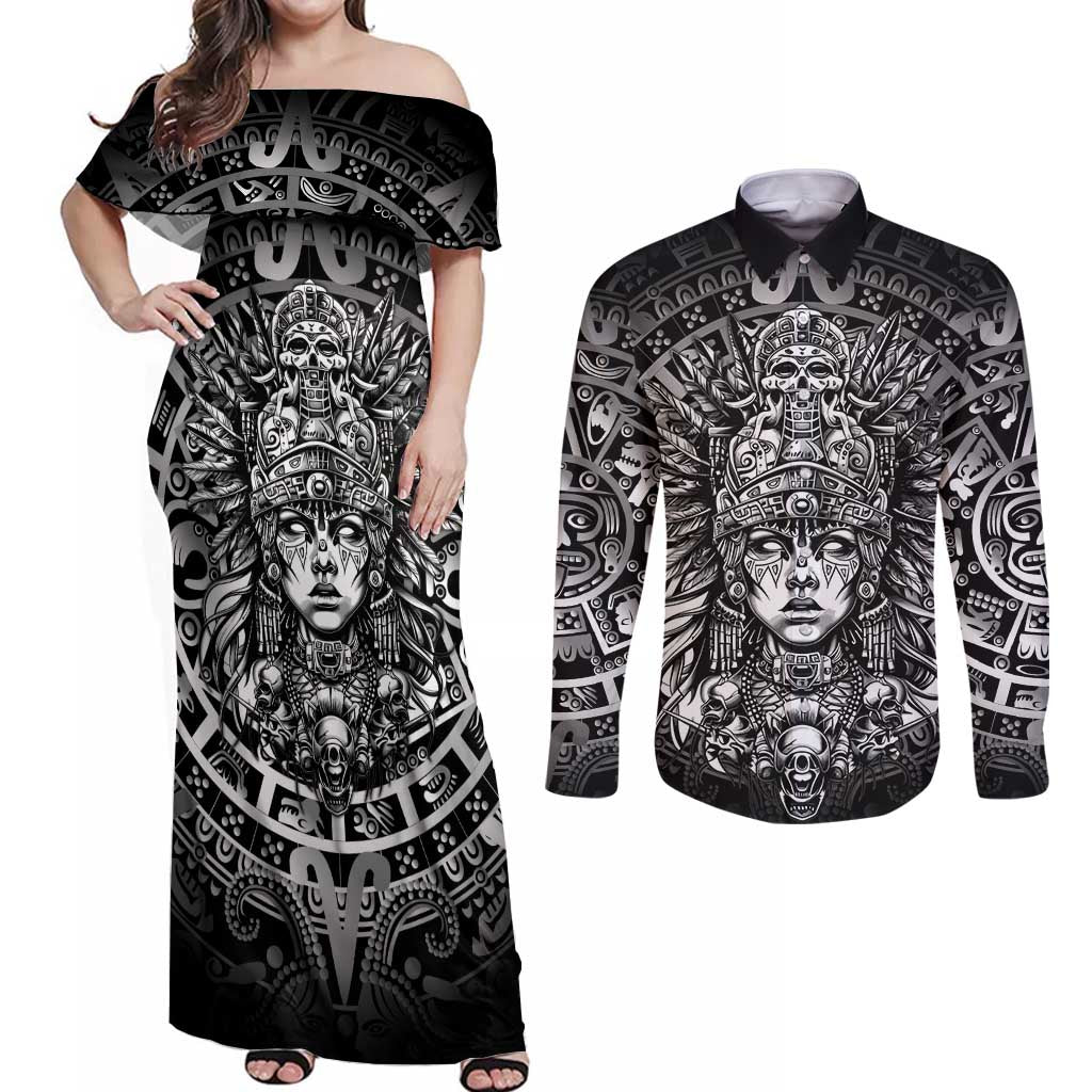 Mexico Aztec Warrior Goddess Couples Matching Off Shoulder Maxi Dress and Long Sleeve Button Shirt Aztec Skull Tribal Calender Silver Spirit - Wonder Print Shop