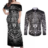 Mexico Aztec Warrior Goddess Couples Matching Off Shoulder Maxi Dress and Long Sleeve Button Shirt Aztec Skull Tribal Calender Silver Spirit - Wonder Print Shop