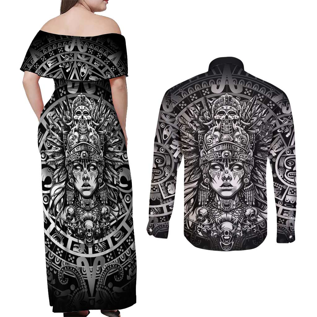 Mexico Aztec Warrior Goddess Couples Matching Off Shoulder Maxi Dress and Long Sleeve Button Shirt Aztec Skull Tribal Calender Silver Spirit - Wonder Print Shop