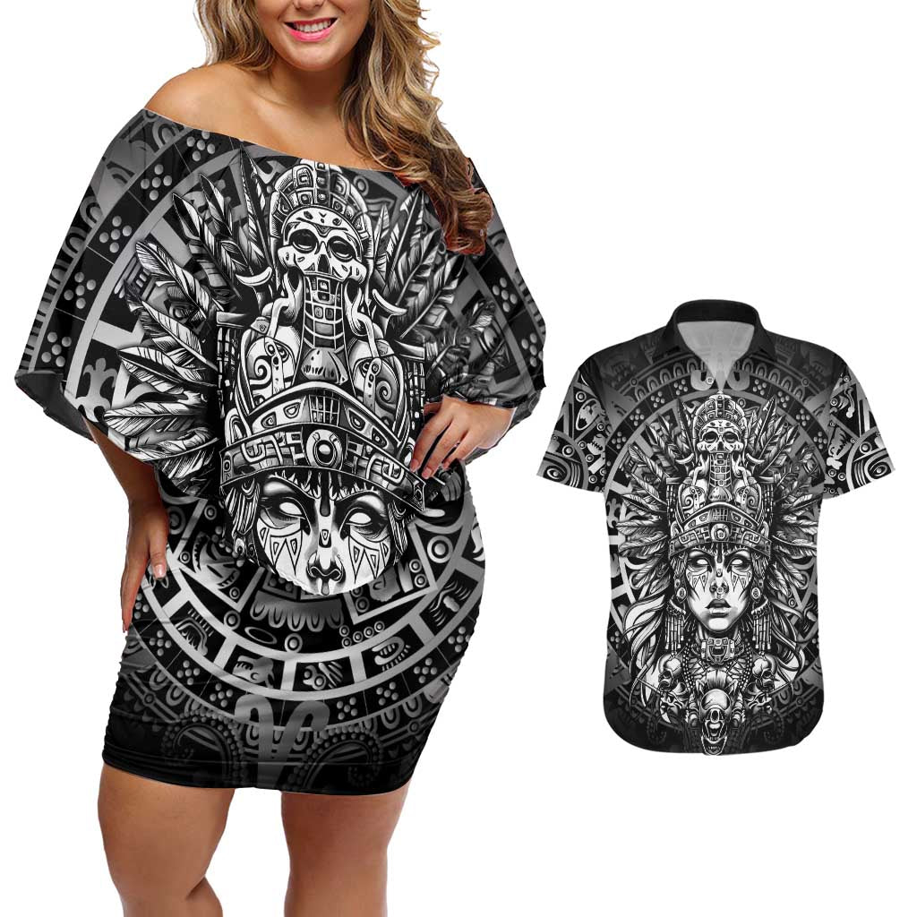 Mexico Aztec Warrior Goddess Couples Matching Off Shoulder Short Dress and Hawaiian Shirt Aztec Skull Tribal Calender Silver Spirit - Wonder Print Shop
