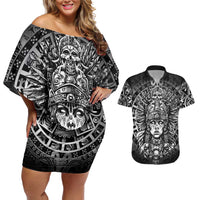 Mexico Aztec Warrior Goddess Couples Matching Off Shoulder Short Dress and Hawaiian Shirt Aztec Skull Tribal Calender Silver Spirit - Wonder Print Shop