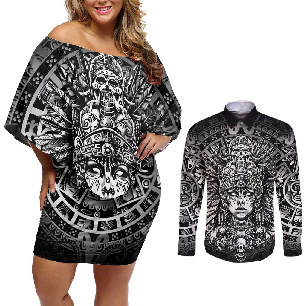 Mexico Aztec Warrior Goddess Couples Matching Off Shoulder Short Dress and Long Sleeve Button Shirt Aztec Skull Tribal Calender Silver Spirit - Wonder Print Shop