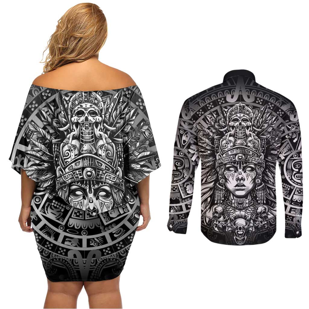 Mexico Aztec Warrior Goddess Couples Matching Off Shoulder Short Dress and Long Sleeve Button Shirt Aztec Skull Tribal Calender Silver Spirit - Wonder Print Shop