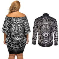 Mexico Aztec Warrior Goddess Couples Matching Off Shoulder Short Dress and Long Sleeve Button Shirt Aztec Skull Tribal Calender Silver Spirit - Wonder Print Shop