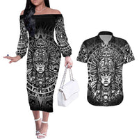 Mexico Aztec Warrior Goddess Couples Matching Off The Shoulder Long Sleeve Dress and Hawaiian Shirt Aztec Skull Tribal Calender Silver Spirit - Wonder Print Shop