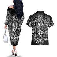 Mexico Aztec Warrior Goddess Couples Matching Off The Shoulder Long Sleeve Dress and Hawaiian Shirt Aztec Skull Tribal Calender Silver Spirit - Wonder Print Shop