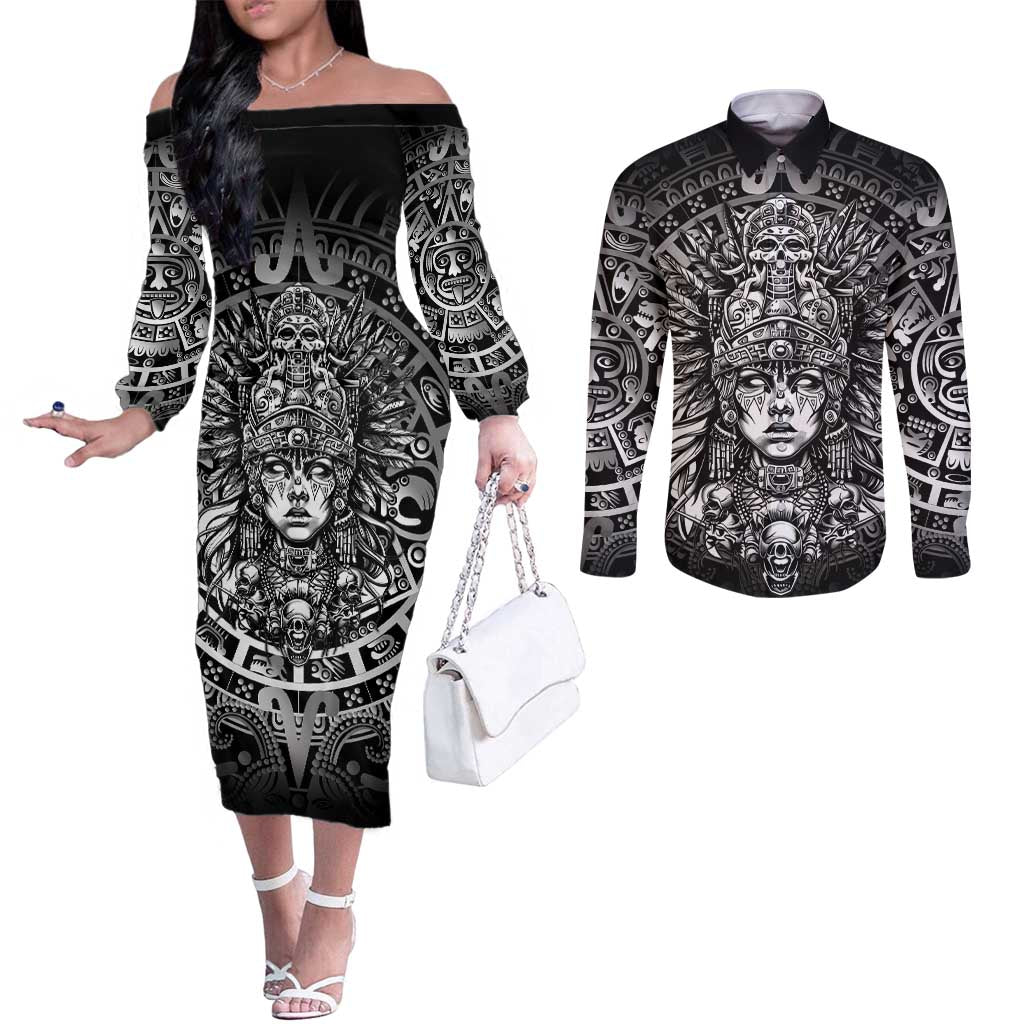 Mexico Aztec Warrior Goddess Couples Matching Off The Shoulder Long Sleeve Dress and Long Sleeve Button Shirt Aztec Skull Tribal Calender Silver Spirit - Wonder Print Shop