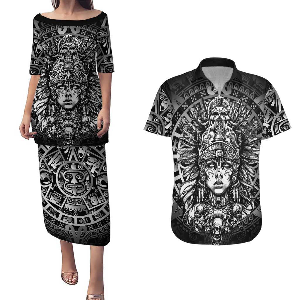 Mexico Aztec Warrior Goddess Couples Matching Puletasi and Hawaiian Shirt Aztec Skull Tribal Calender Silver Spirit - Wonder Print Shop