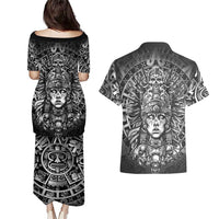 Mexico Aztec Warrior Goddess Couples Matching Puletasi and Hawaiian Shirt Aztec Skull Tribal Calender Silver Spirit - Wonder Print Shop