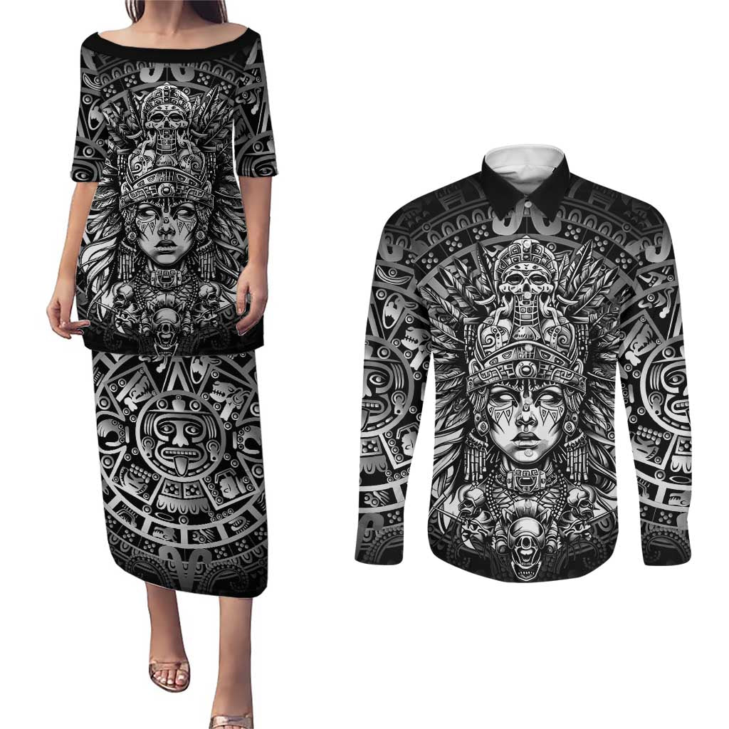 Mexico Aztec Warrior Goddess Couples Matching Puletasi and Long Sleeve Button Shirt Aztec Skull Tribal Calender Silver Spirit - Wonder Print Shop
