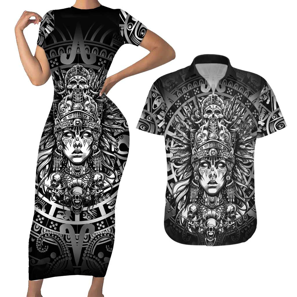 Mexico Aztec Warrior Goddess Couples Matching Short Sleeve Bodycon Dress and Hawaiian Shirt Aztec Skull Tribal Calender Silver Spirit - Wonder Print Shop