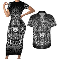 Mexico Aztec Warrior Goddess Couples Matching Short Sleeve Bodycon Dress and Hawaiian Shirt Aztec Skull Tribal Calender Silver Spirit - Wonder Print Shop