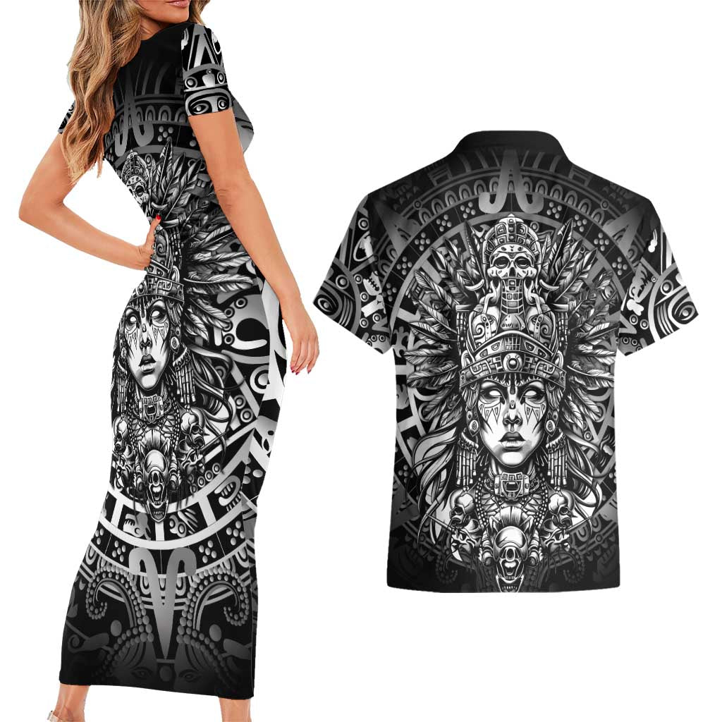 Mexico Aztec Warrior Goddess Couples Matching Short Sleeve Bodycon Dress and Hawaiian Shirt Aztec Skull Tribal Calender Silver Spirit - Wonder Print Shop