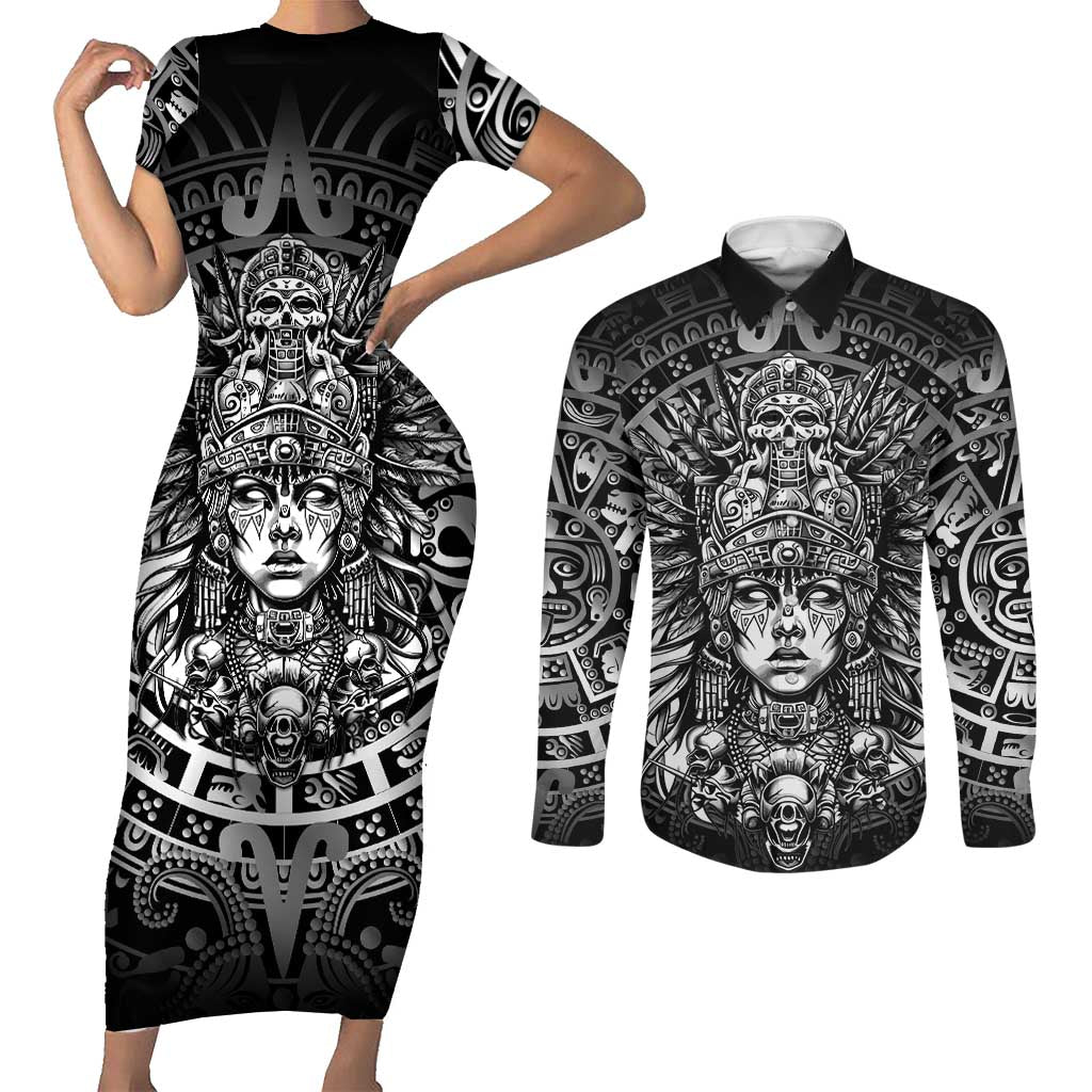 Mexico Aztec Warrior Goddess Couples Matching Short Sleeve Bodycon Dress and Long Sleeve Button Shirt Aztec Skull Tribal Calender Silver Spirit - Wonder Print Shop
