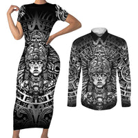 Mexico Aztec Warrior Goddess Couples Matching Short Sleeve Bodycon Dress and Long Sleeve Button Shirt Aztec Skull Tribal Calender Silver Spirit - Wonder Print Shop