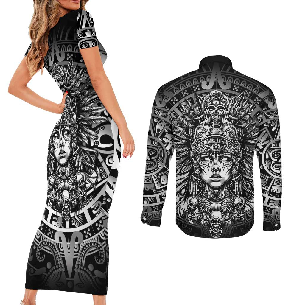 Mexico Aztec Warrior Goddess Couples Matching Short Sleeve Bodycon Dress and Long Sleeve Button Shirt Aztec Skull Tribal Calender Silver Spirit - Wonder Print Shop