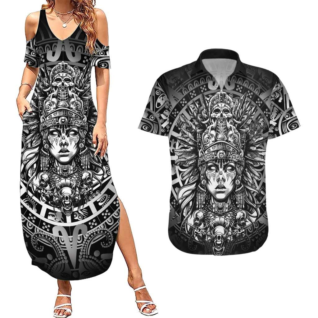 Mexico Aztec Warrior Goddess Couples Matching Summer Maxi Dress and Hawaiian Shirt Aztec Skull Tribal Calender Silver Spirit - Wonder Print Shop