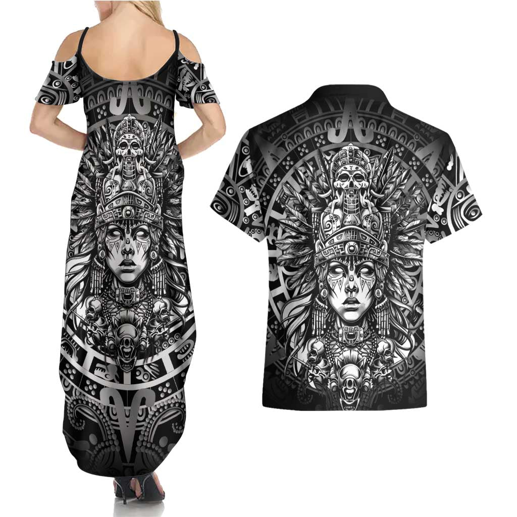 Mexico Aztec Warrior Goddess Couples Matching Summer Maxi Dress and Hawaiian Shirt Aztec Skull Tribal Calender Silver Spirit - Wonder Print Shop