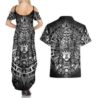 Mexico Aztec Warrior Goddess Couples Matching Summer Maxi Dress and Hawaiian Shirt Aztec Skull Tribal Calender Silver Spirit - Wonder Print Shop