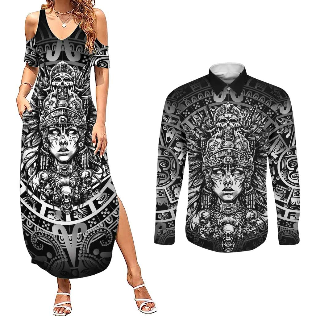 Mexico Aztec Warrior Goddess Couples Matching Summer Maxi Dress and Long Sleeve Button Shirt Aztec Skull Tribal Calender Silver Spirit - Wonder Print Shop