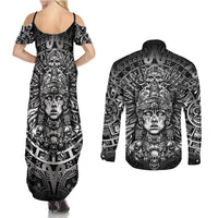 Mexico Aztec Warrior Goddess Couples Matching Summer Maxi Dress and Long Sleeve Button Shirt Aztec Skull Tribal Calender Silver Spirit - Wonder Print Shop