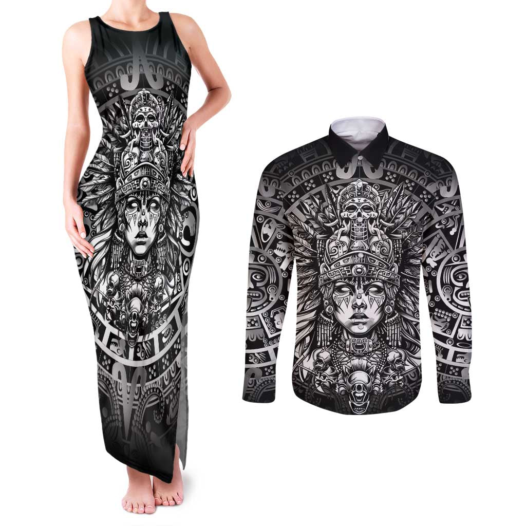 Mexico Aztec Warrior Goddess Couples Matching Tank Maxi Dress and Long Sleeve Button Shirt Aztec Skull Tribal Calender Silver Spirit - Wonder Print Shop