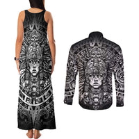 Mexico Aztec Warrior Goddess Couples Matching Tank Maxi Dress and Long Sleeve Button Shirt Aztec Skull Tribal Calender Silver Spirit - Wonder Print Shop