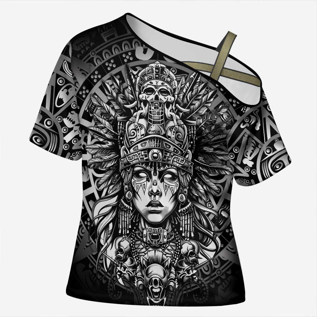Mexico Aztec Warrior Goddess Cross Shoulder Shirt Aztec Skull Tribal Calender Silver Spirit - Wonder Print Shop