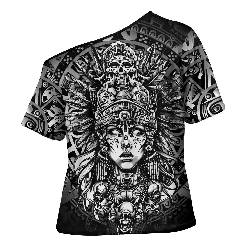 Mexico Aztec Warrior Goddess Cross Shoulder Shirt Aztec Skull Tribal Calender Silver Spirit - Wonder Print Shop