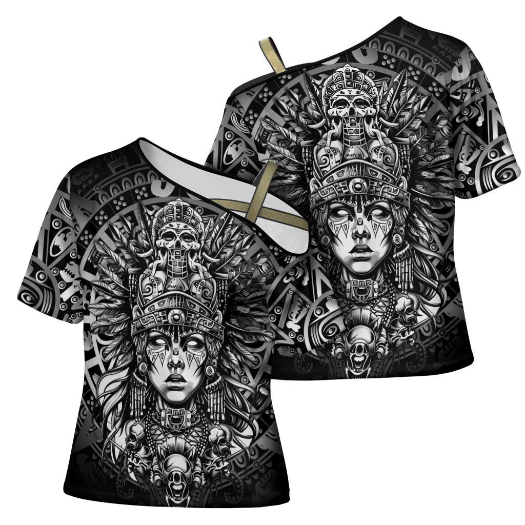Mexico Aztec Warrior Goddess Cross Shoulder Shirt Aztec Skull Tribal Calender Silver Spirit - Wonder Print Shop