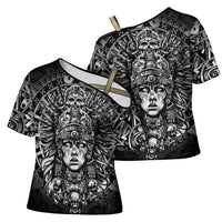 Mexico Aztec Warrior Goddess Cross Shoulder Shirt Aztec Skull Tribal Calender Silver Spirit - Wonder Print Shop
