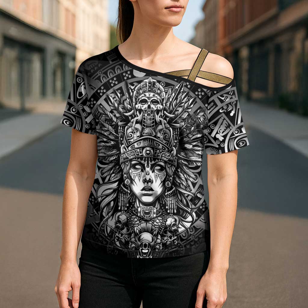 Mexico Aztec Warrior Goddess Cross Shoulder Shirt Aztec Skull Tribal Calender Silver Spirit - Wonder Print Shop