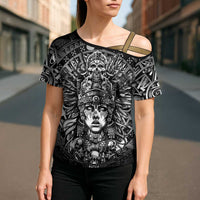 Mexico Aztec Warrior Goddess Cross Shoulder Shirt Aztec Skull Tribal Calender Silver Spirit - Wonder Print Shop