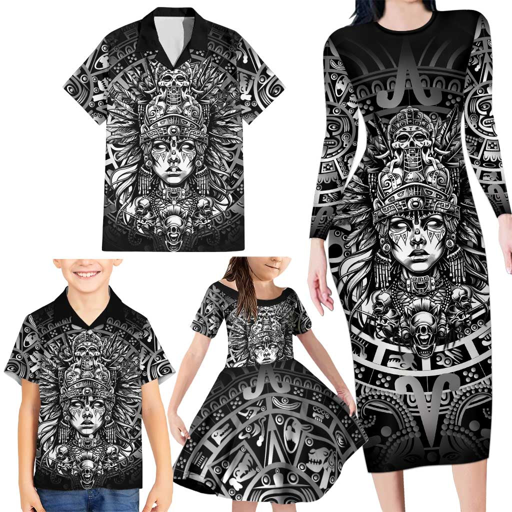 Mexico Aztec Warrior Goddess Family Matching Long Sleeve Bodycon Dress and Hawaiian Shirt Aztec Skull Tribal Calender Silver Spirit