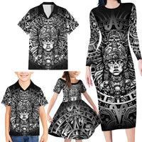 Mexico Aztec Warrior Goddess Family Matching Long Sleeve Bodycon Dress and Hawaiian Shirt Aztec Skull Tribal Calender Silver Spirit