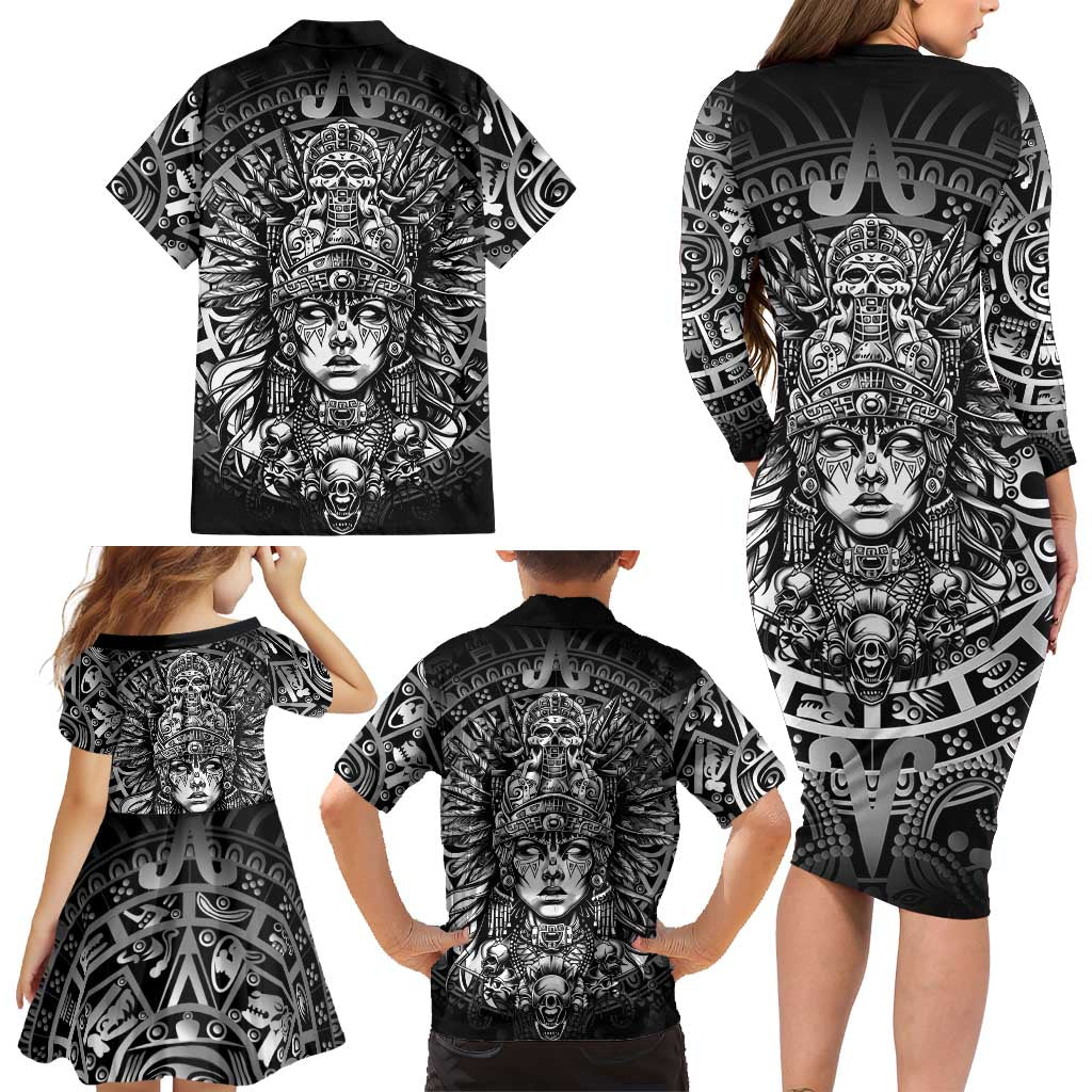 Mexico Aztec Warrior Goddess Family Matching Long Sleeve Bodycon Dress and Hawaiian Shirt Aztec Skull Tribal Calender Silver Spirit