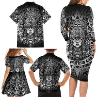 Mexico Aztec Warrior Goddess Family Matching Long Sleeve Bodycon Dress and Hawaiian Shirt Aztec Skull Tribal Calender Silver Spirit