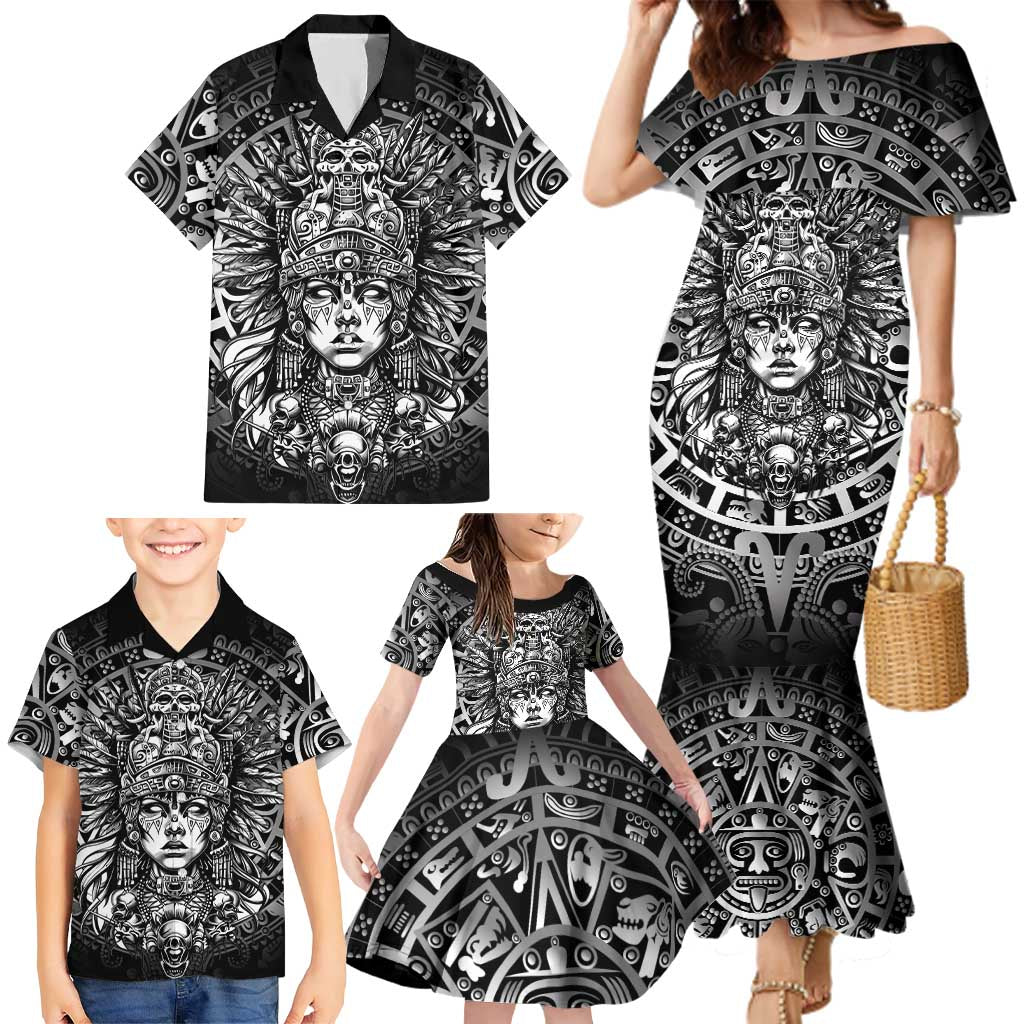 Mexico Aztec Warrior Goddess Family Matching Mermaid Dress and Hawaiian Shirt Aztec Skull Tribal Calender Silver Spirit