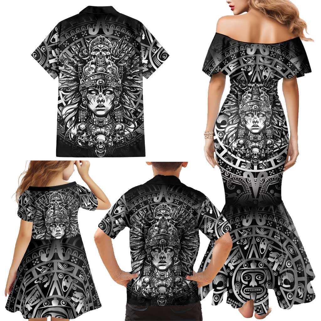 Mexico Aztec Warrior Goddess Family Matching Mermaid Dress and Hawaiian Shirt Aztec Skull Tribal Calender Silver Spirit