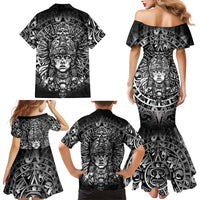 Mexico Aztec Warrior Goddess Family Matching Mermaid Dress and Hawaiian Shirt Aztec Skull Tribal Calender Silver Spirit