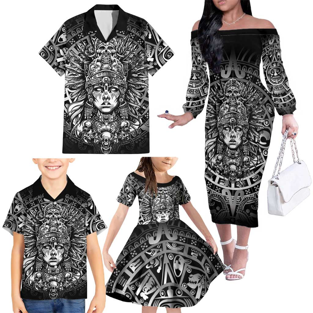 Mexico Aztec Warrior Goddess Family Matching Off The Shoulder Long Sleeve Dress and Hawaiian Shirt Aztec Skull Tribal Calender Silver Spirit