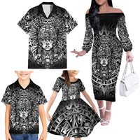 Mexico Aztec Warrior Goddess Family Matching Off The Shoulder Long Sleeve Dress and Hawaiian Shirt Aztec Skull Tribal Calender Silver Spirit