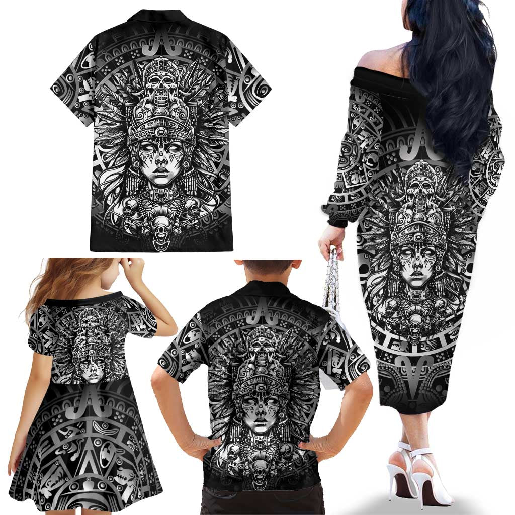 Mexico Aztec Warrior Goddess Family Matching Off The Shoulder Long Sleeve Dress and Hawaiian Shirt Aztec Skull Tribal Calender Silver Spirit