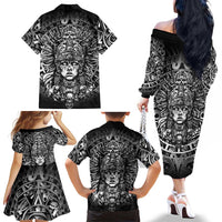 Mexico Aztec Warrior Goddess Family Matching Off The Shoulder Long Sleeve Dress and Hawaiian Shirt Aztec Skull Tribal Calender Silver Spirit